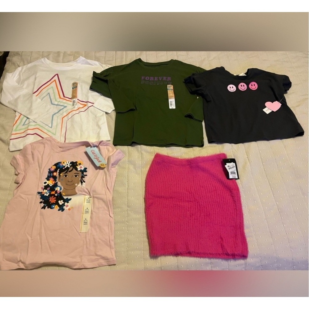 Cat & Jack Girls Sz S 6/6X 5 Pc Clothing Lot NWT Graphic Tops‎ Pink Skirt Bundle